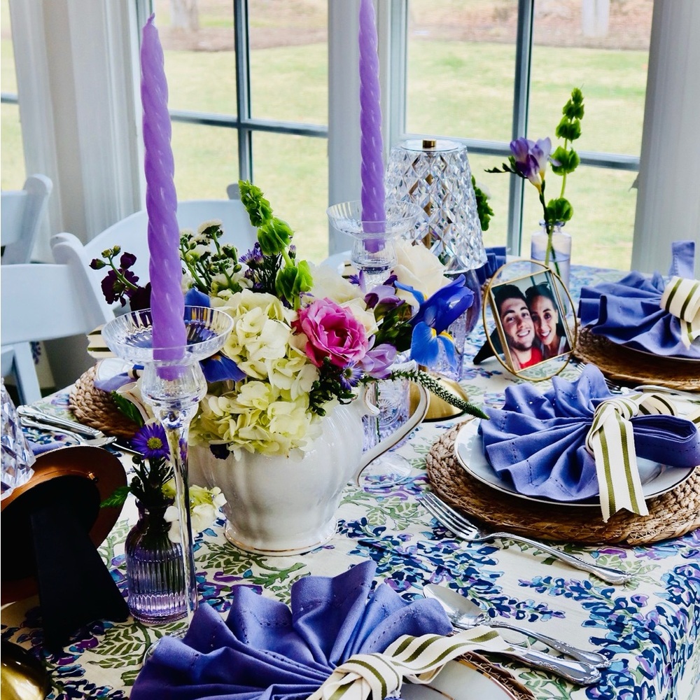 Complete tablescape, COULEUR Nature Paris Table cloth, and all accessories